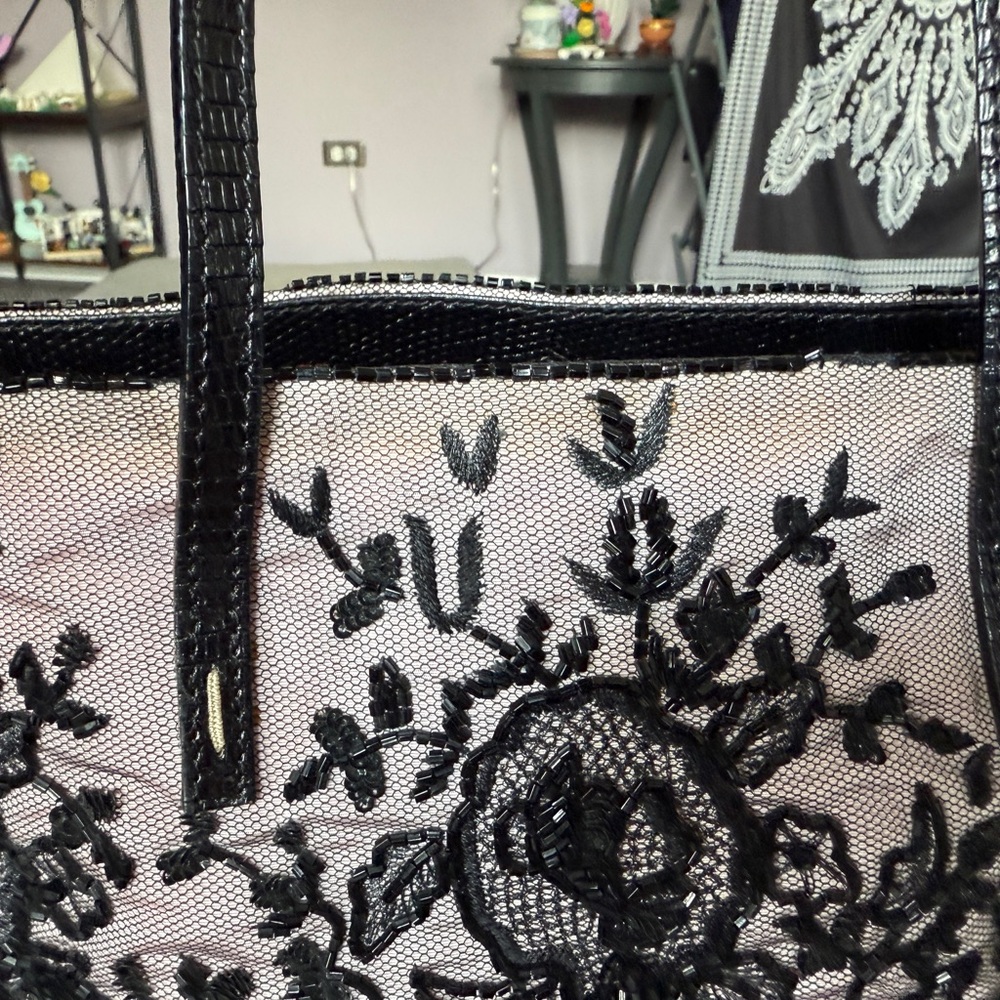 Authentic vintage Valentino Garavani Beaded Black Lace Overlay Tote - Picture 9 of 13